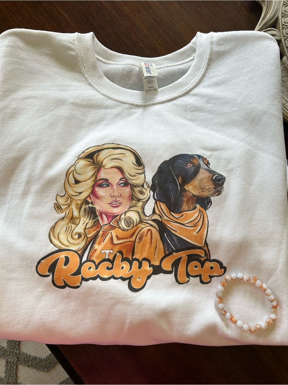 Jerzees White 'Rocky Top' Graphic Crewneck Sweatshirt with Orange Accents